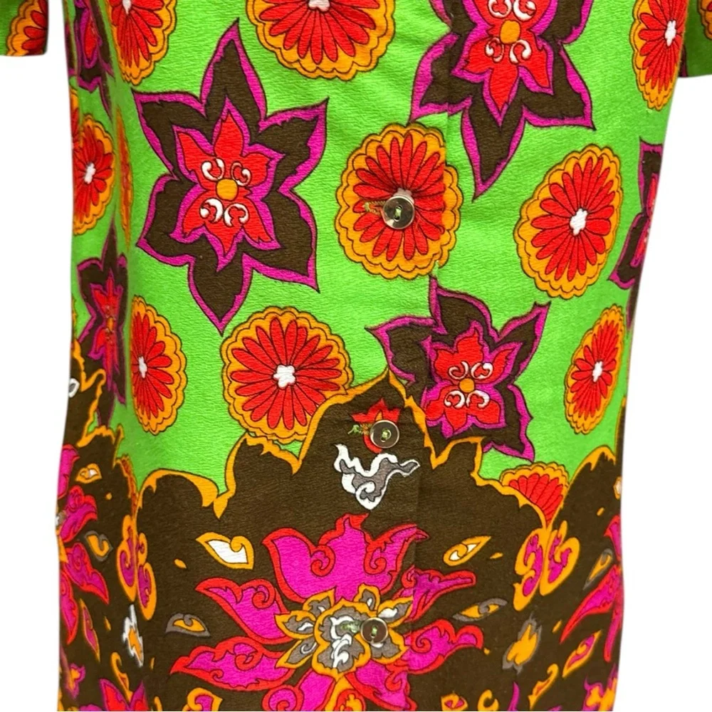 Vintage 1960s Mod Psychedelic Neon Green Floral Pattern Mod Shirt Dress S/M - Picture 8 of 14
